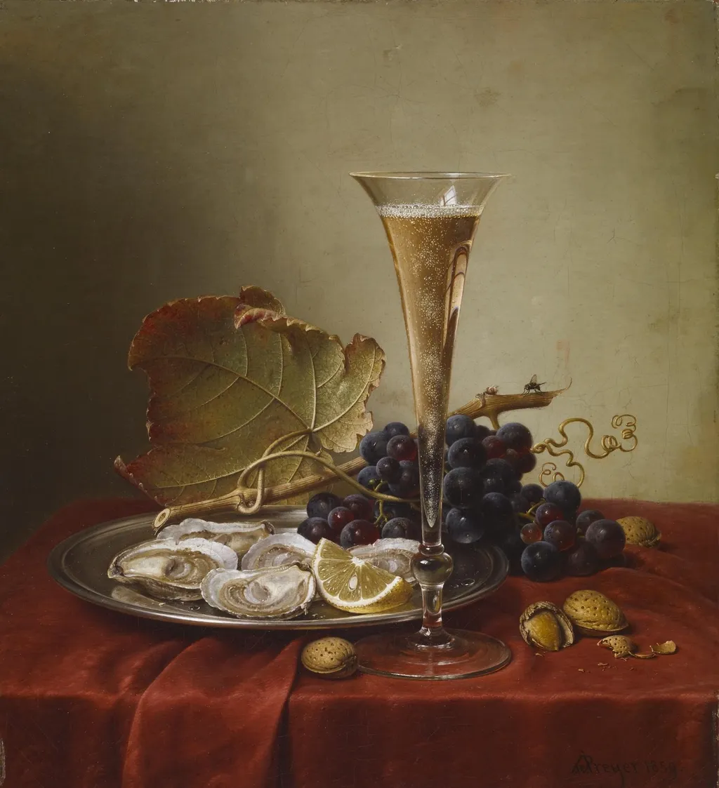 Grapes, Oysters, Hazlenuts and a Champagne Flute on a draped Ledge, by Johann Wilhelm Preyer, oil, 1859