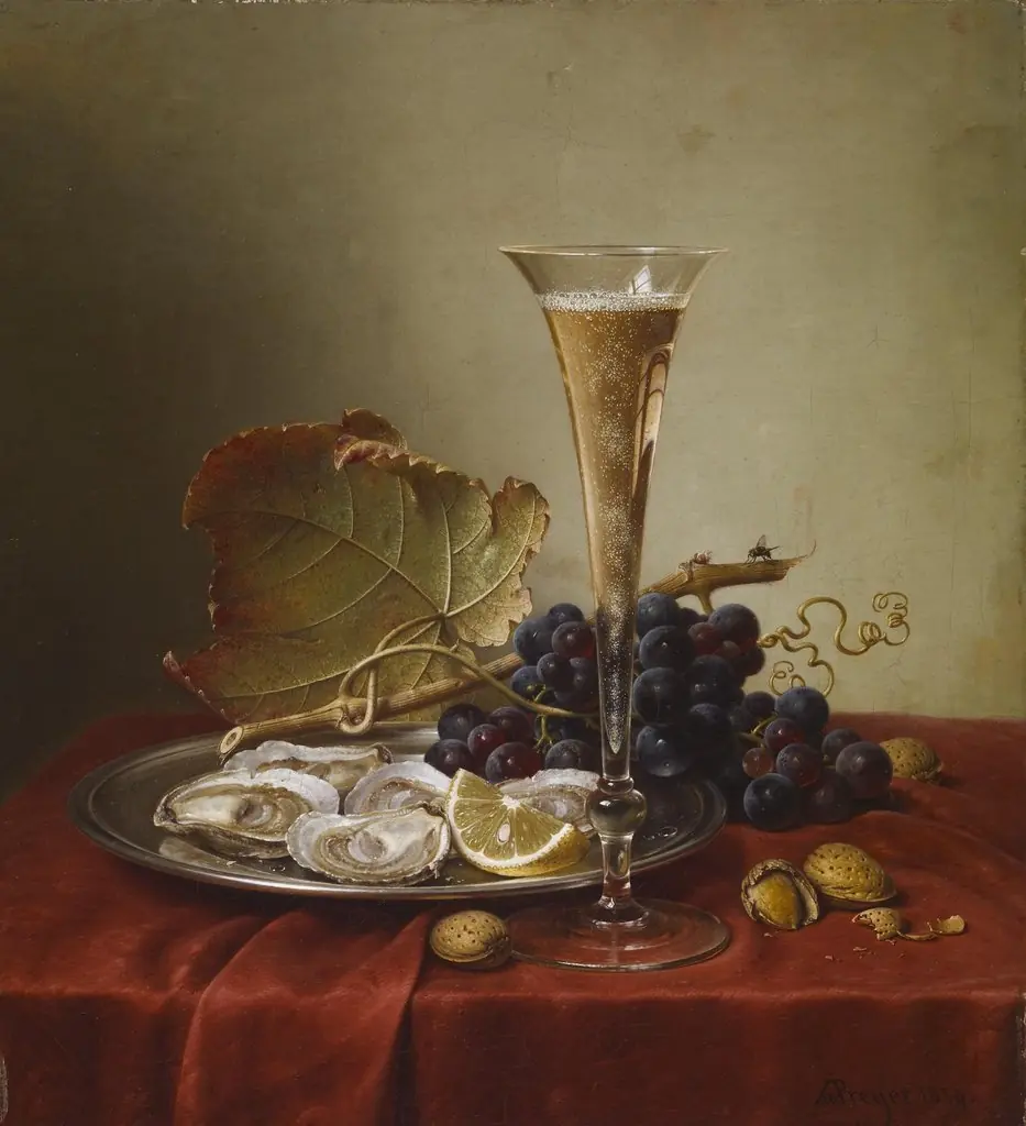 Grapes, Oysters, Hazlenuts and a Champagne Flute on a draped Ledge, by Johann Wilhelm Preyer, oil, 1859
