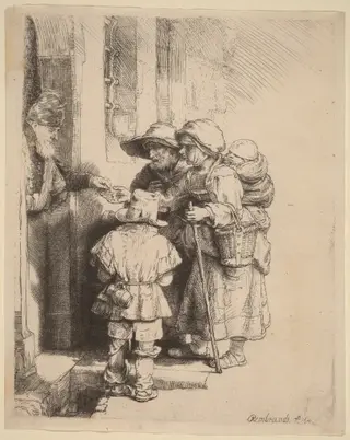 Beggars Receiving Alms at the Door of a House, by Rembrandt van Rijn, ink, 1648