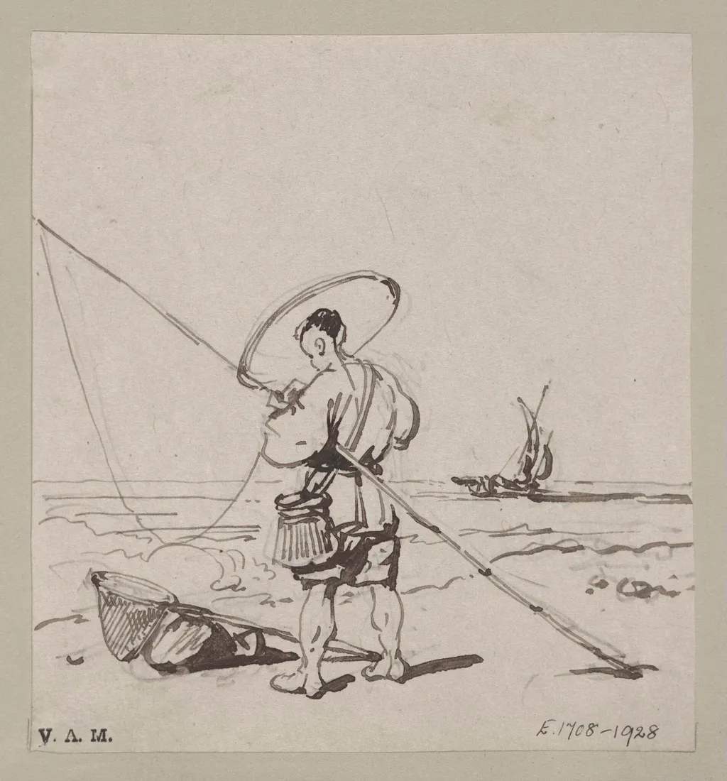 A fisherman by the sea with rod, line and net, by George Chinnery, 19