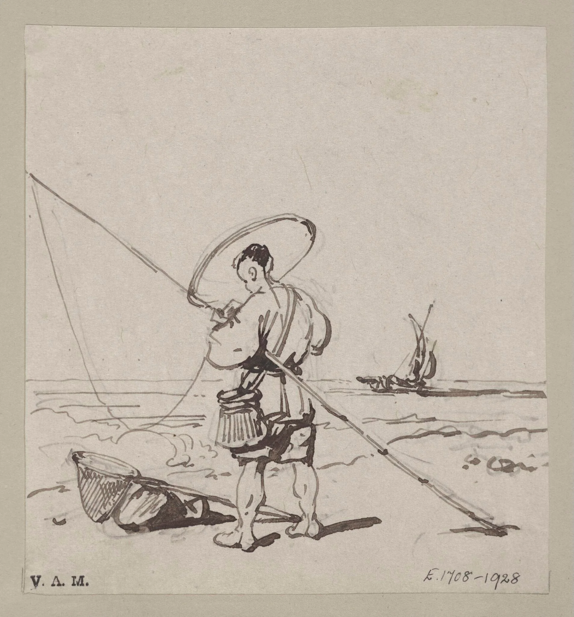 A fisherman by the sea with rod, line and net, detail