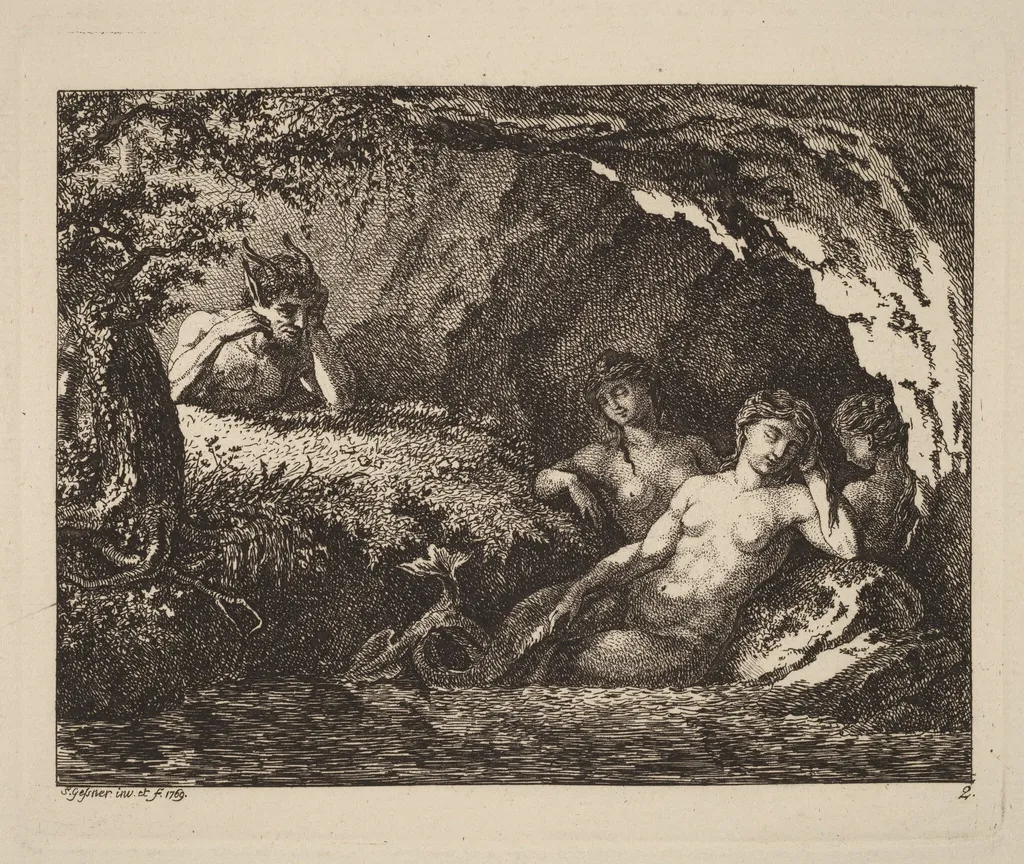 Three Sleeping Sprites with a Satyr, by Salomon Gessner, ink, 1769