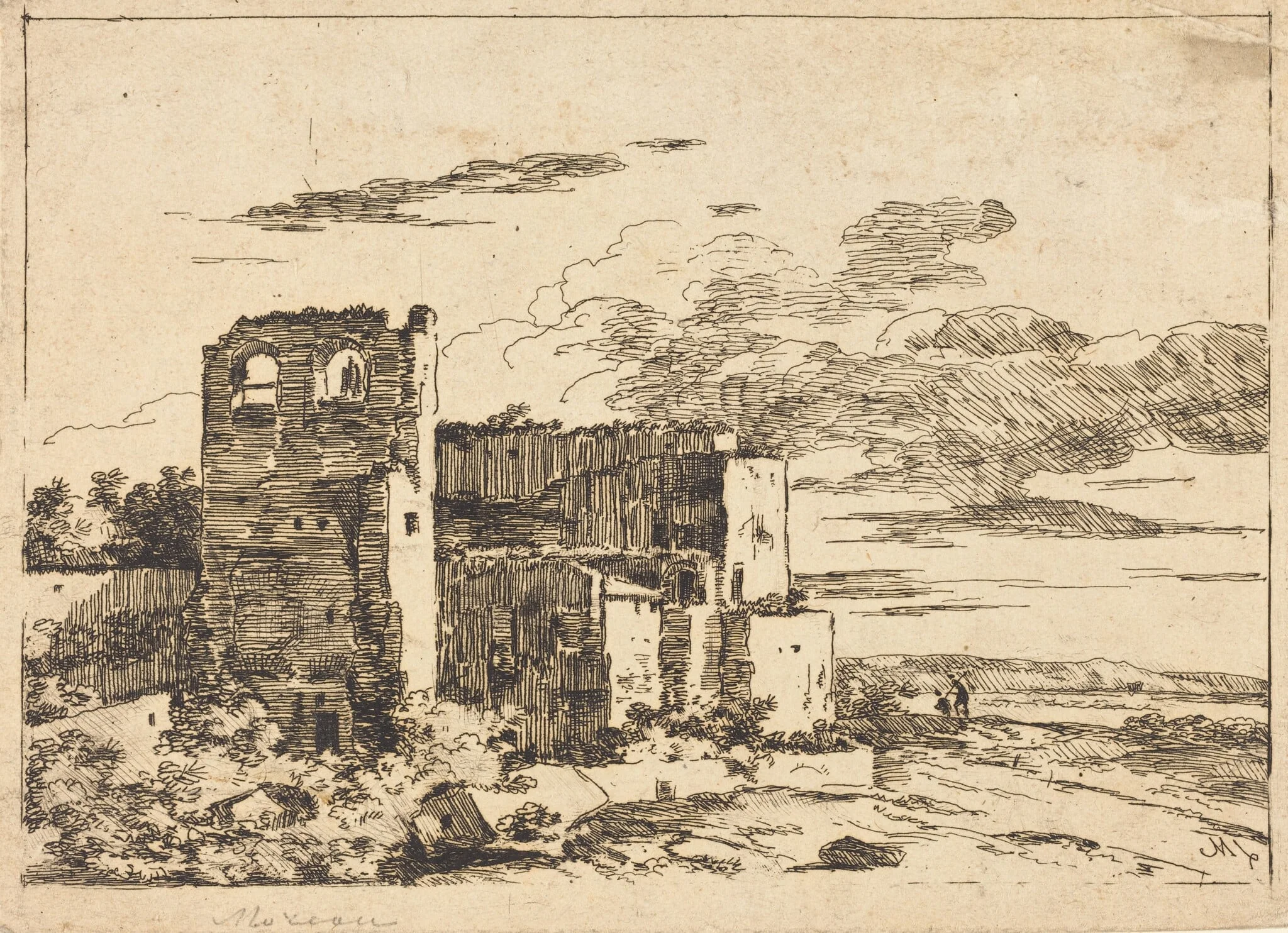 Ruined Buildings near a River Bank, detail