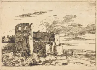 Ruined Buildings near a River Bank, by Louis Gabriel Moreau the Elder, ink, 1773