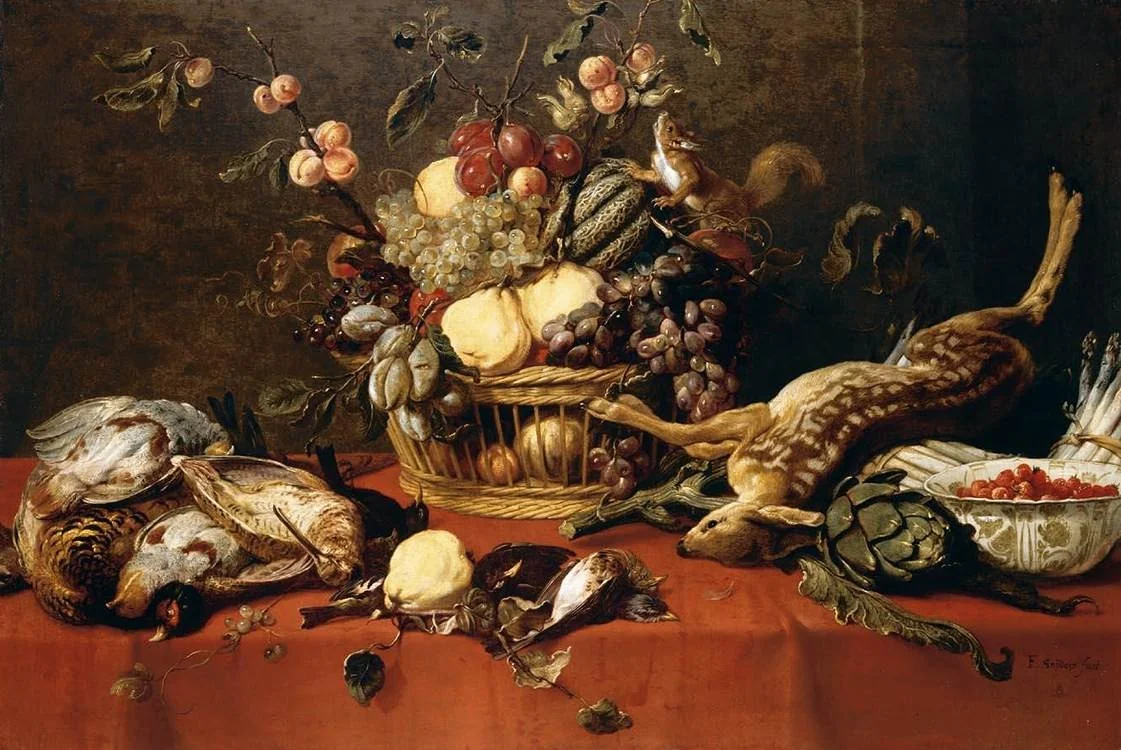 Still life of fruit in a basket together with game, a bowl of fraises-de-bois, artichokes, asparagus and a squirrel upon a table draped with a red cloth, detail