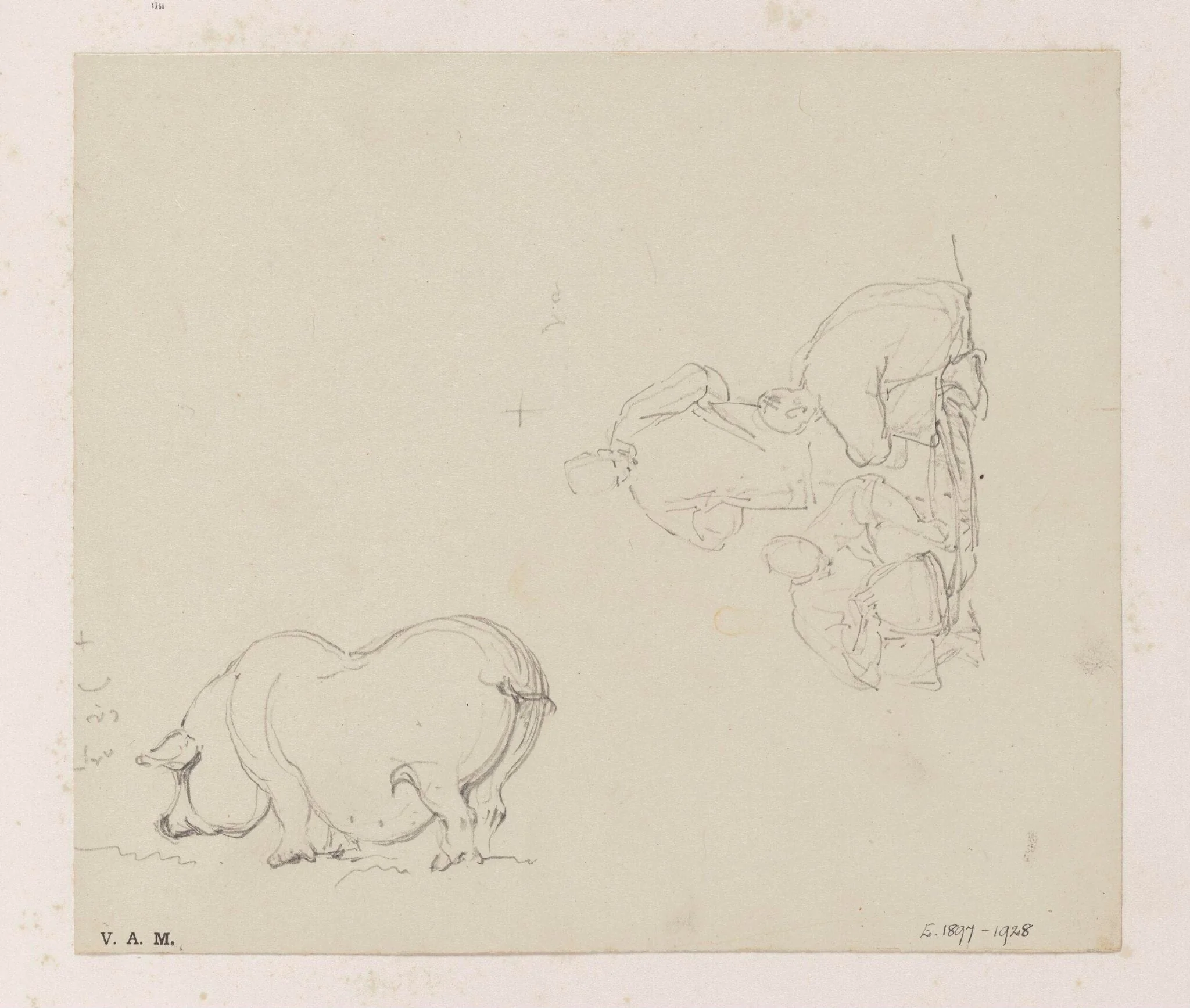 A pig, and a trio of figures with a basket, detail
