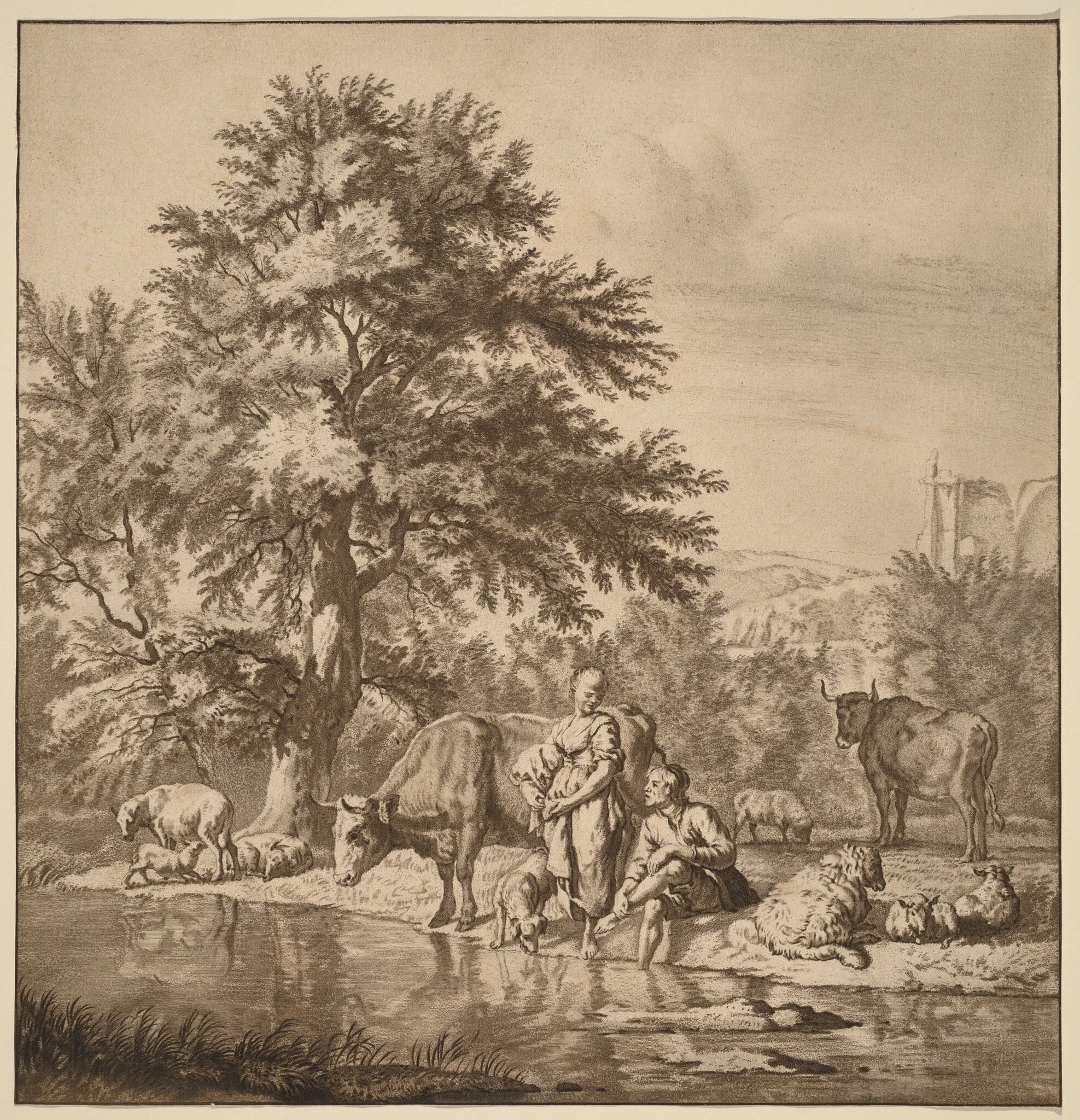 Shepherd and Shepherdess with Their Flock, detail