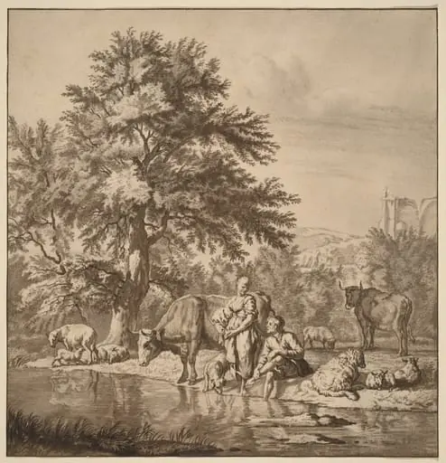 Shepherd and Shepherdess with Their Flock, by Jacobus Buys, chalk, 1763