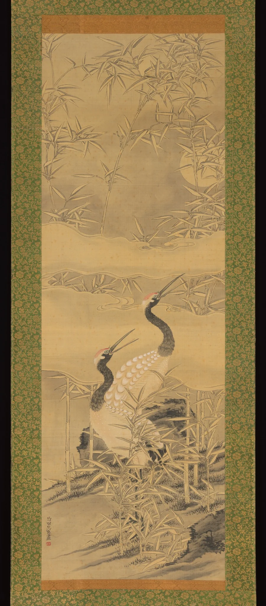 Pair of Cranes in Bamboo Grove, detail