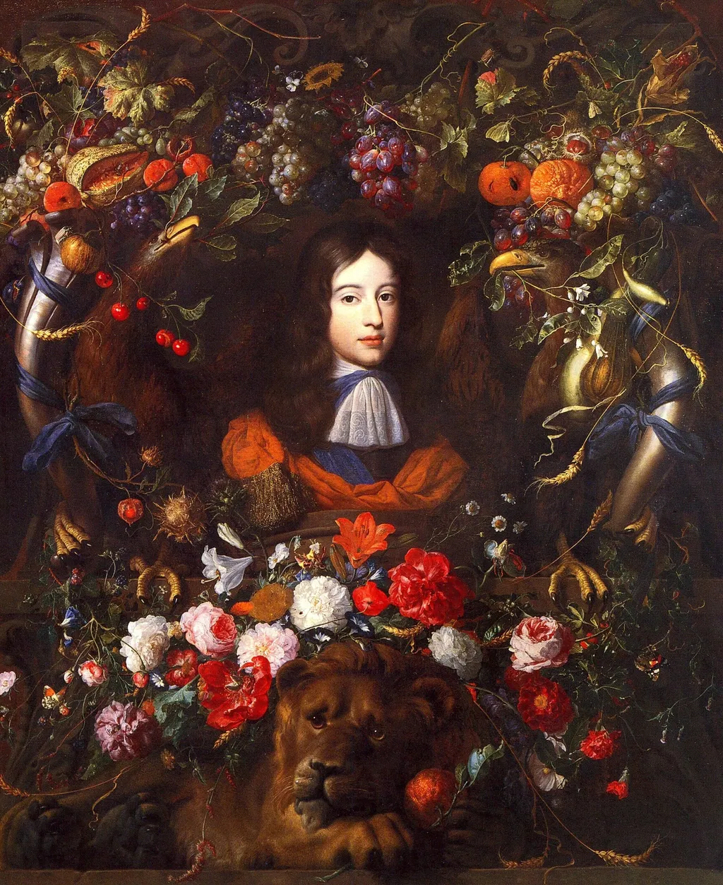 Flower garland with portrait of William III of Orange, aged 10, by Jan Davidsz. de Heem, oil, 1666