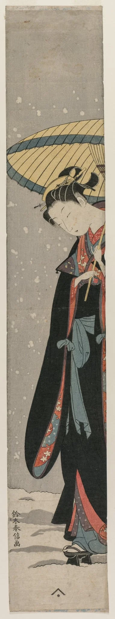 Young Woman Walking in Snow with Umbrella, detail