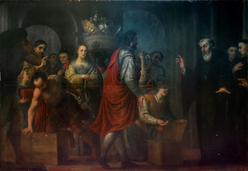San Agustín recibiendo donaciones de los ricos para entregarlas a los pobres, by José García Hidalgo, oil, 1674