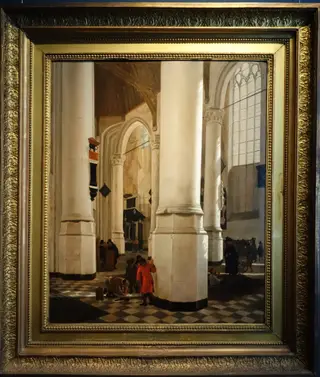 Interior of the Oude Kerk in Delft with the tomb of Piet Hein, by Emanuel de Witte, oil