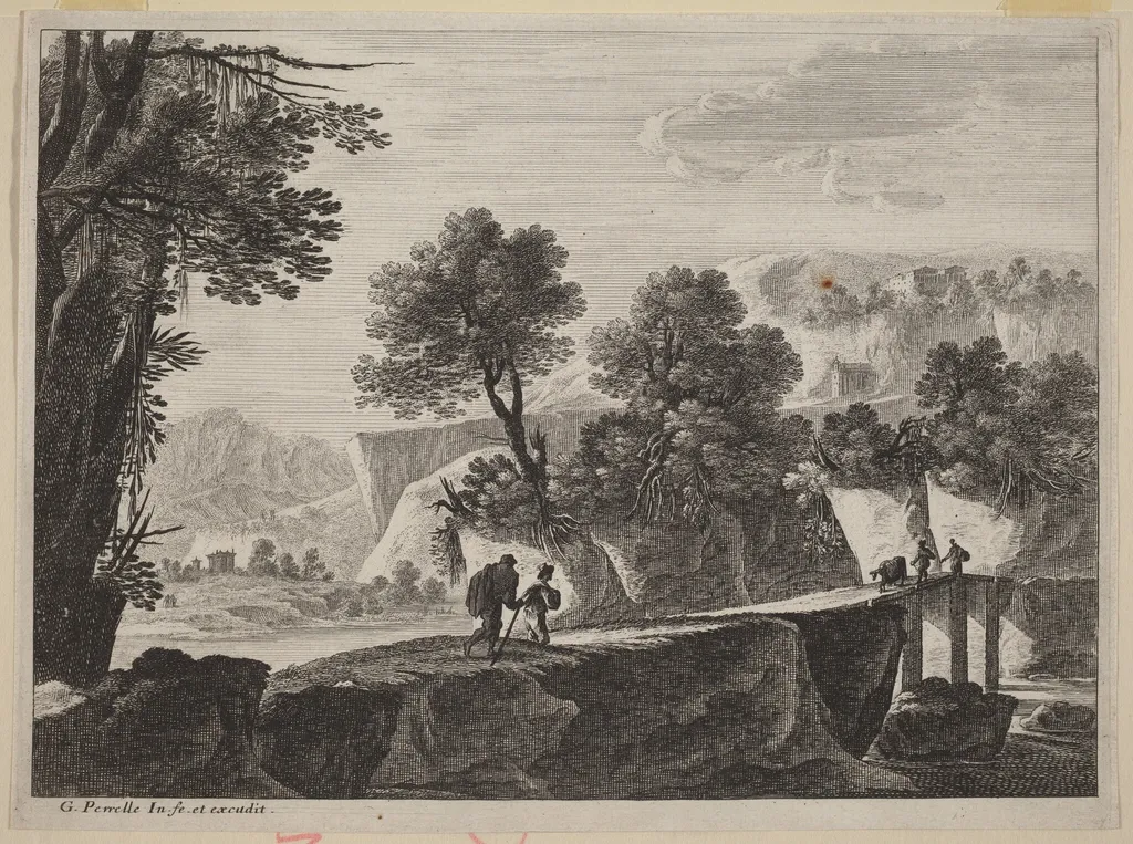 Travelers Approaching a Bridge, by Gabriel Perelle, ink, 1640