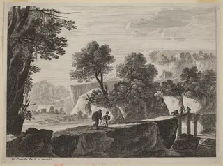 Travelers Approaching a Bridge, by Gabriel Perelle, ink, 1640