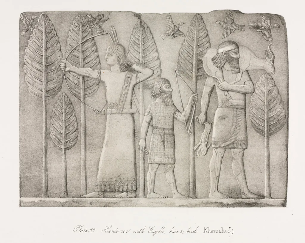 Monuments of Ninevah: Plate 32, Huntsmen with Gazelle, Hare and Birds (Khorsabad), by Austen Henry Layard, 1853
