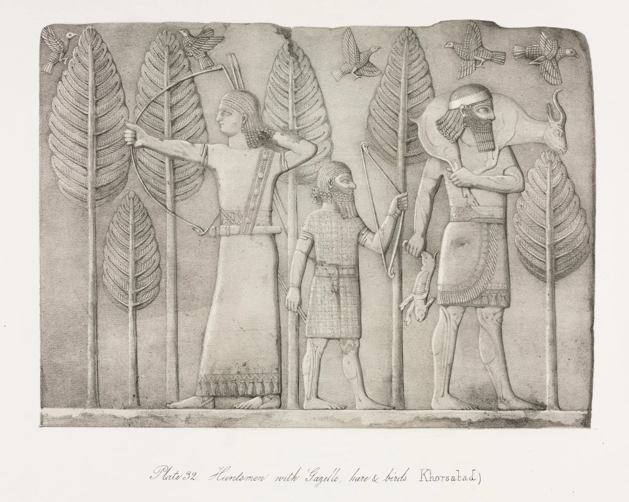 Monuments of Ninevah: Plate 32, Huntsmen with Gazelle, Hare and Birds (Khorsabad), detail