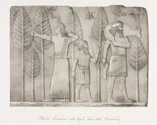 Monuments of Ninevah: Plate 32, Huntsmen with Gazelle, Hare and Birds (Khorsabad), by Austen Henry Layard, 1853