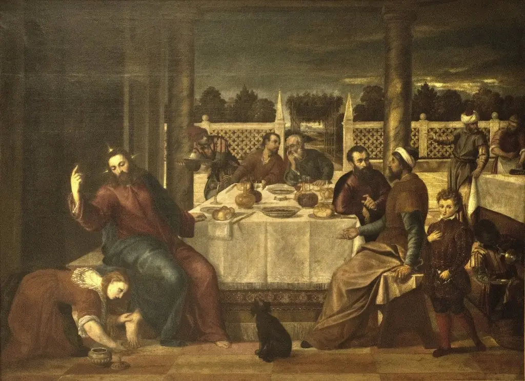 Jesus in the House of Simon the Pharisean, by Bonifacio de' Pitati, by Bonifazio Veronese, oil, 1550