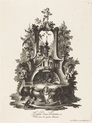 Dessein d'une Fontaine orné avec les quatre Elements (Design for a Fountain Decorated with the Four Elements), by Johann Esaias Nilson, ink, 1758