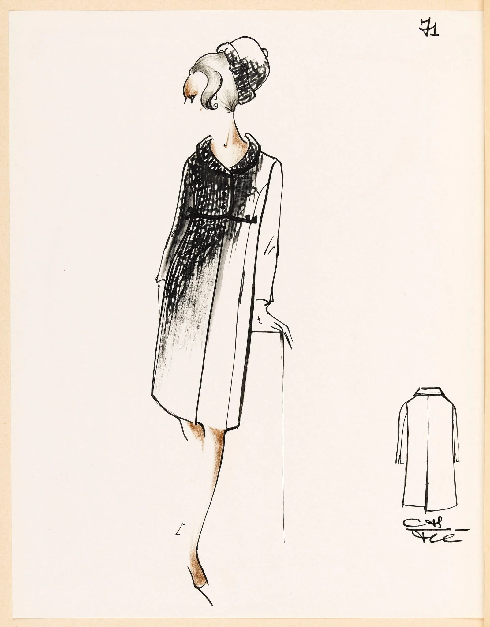 Manteau fermé sous la poitrine avec chapeau, detail