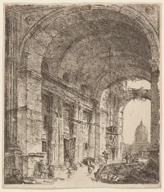 A Ruined Vault with a Vista of Saint Peter’s, by Victor Louis, ink, 1701