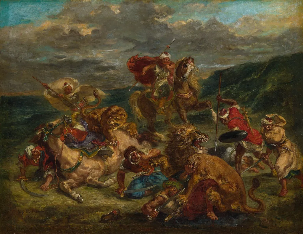 La Chasse aux lions au Maroc, by Eugène Delacroix, oil, 1861