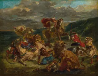 La Chasse aux lions au Maroc, by Eugène Delacroix, oil, 1861