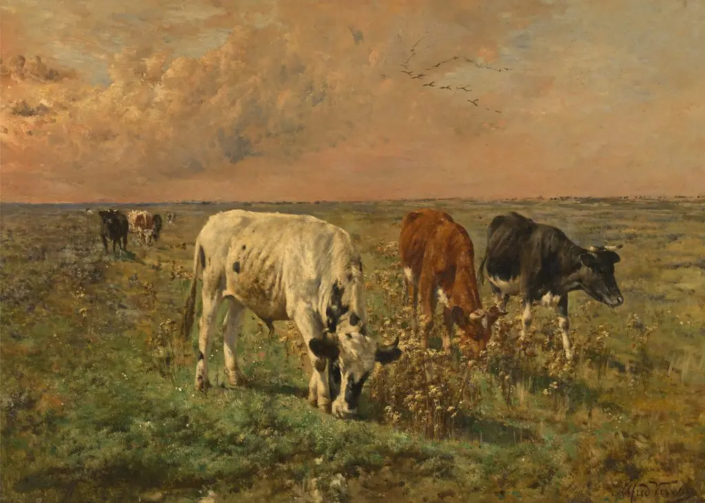 Cows in a Pasture, by Alfred Verwee, oil, 1876