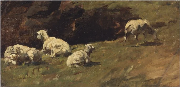 Sheep Resting, a Cow Grazing, detail