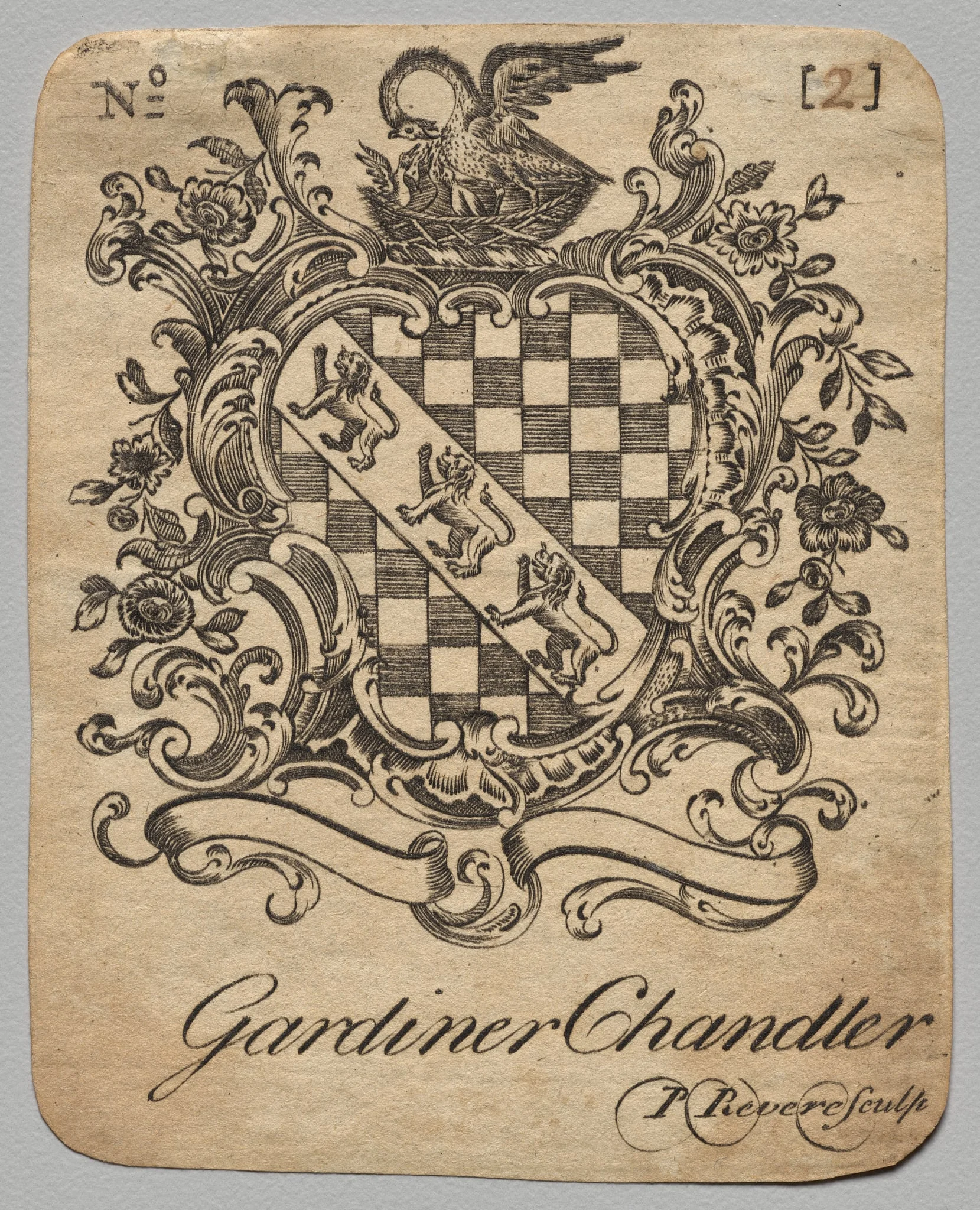 Bookplate: Coat of Arms with Gardiner Chandler inscribed below, detail