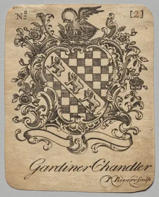 Bookplate:  Coat of Arms with Gardiner Chandler inscribed below, by Paul Revere II, 1782