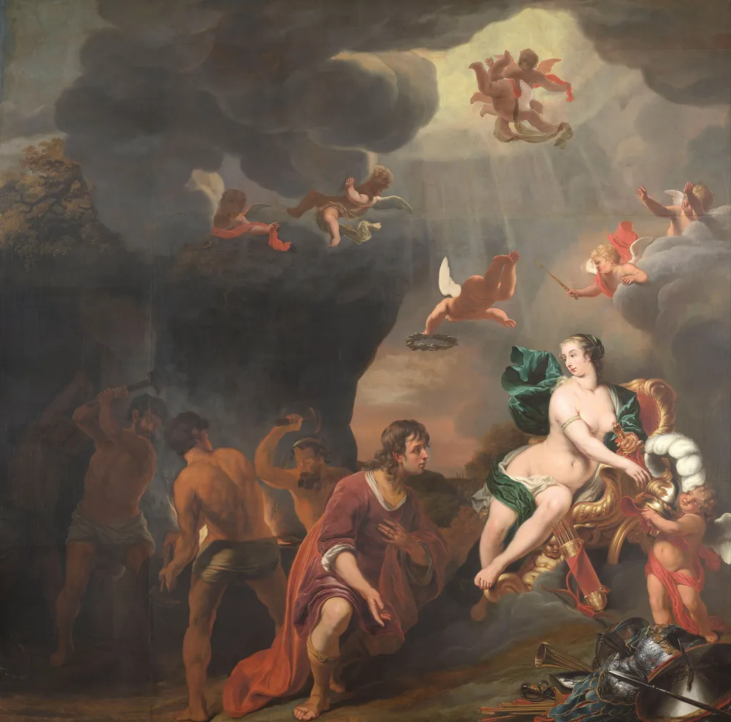 Achilles ontvangt van Thetis een nieuwe wapenrusting uit de smidse van Vulcanus, by Ferdinand Bol, oil, 1650