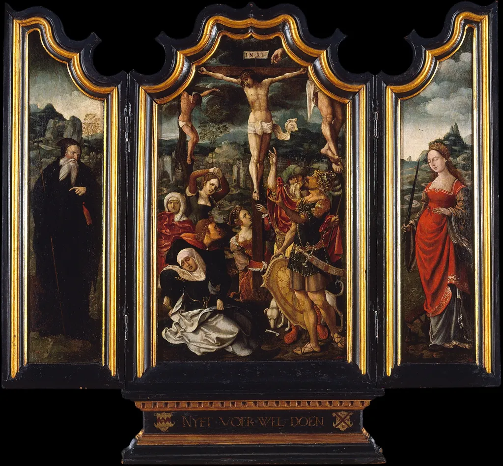 Triptych with Calvary, Saint Anthony the Abbot and Saint Catherine, by Master of the Von Groote Adoration, oil, 1520