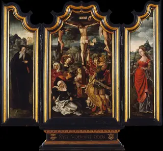 Triptych with Calvary, Saint Anthony the Abbot and Saint Catherine, by Master of the Von Groote Adoration, oil, 1520