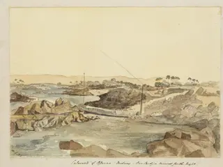 `Cataracts of Assouan.  Midway. -  Our Candjia Moored for the Night - On the Nile', by George de Sausmarez, watercolor, 1855