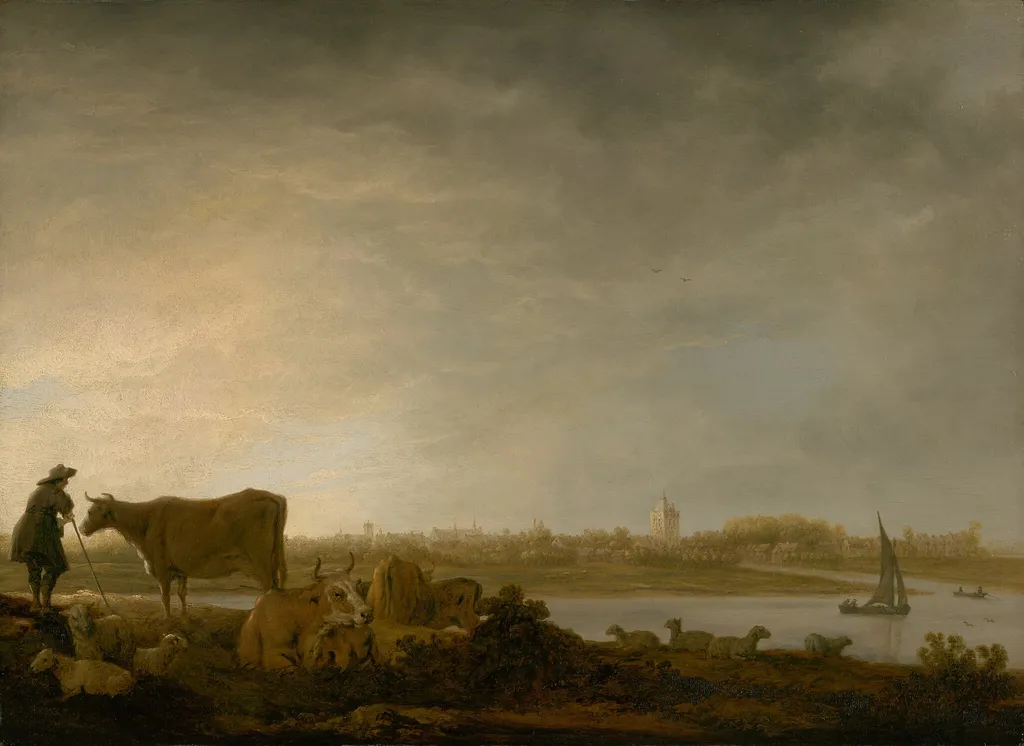 A View of Vianen with a Herdsman and Cattle by a River, by Aelbert Cuyp, oil, 1643