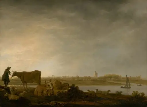 A View of Vianen with a Herdsman and Cattle by a River, by Aelbert Cuyp, oil, 1643
