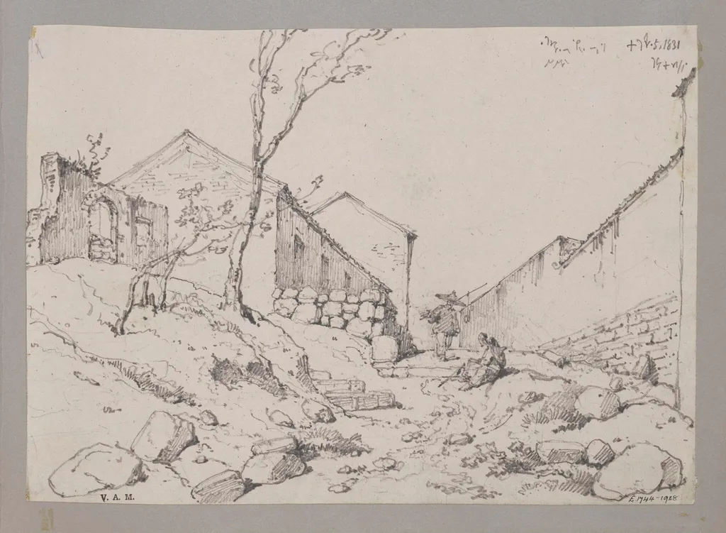 A path leading uphill between houses and a long wall, by George Chinnery, 4