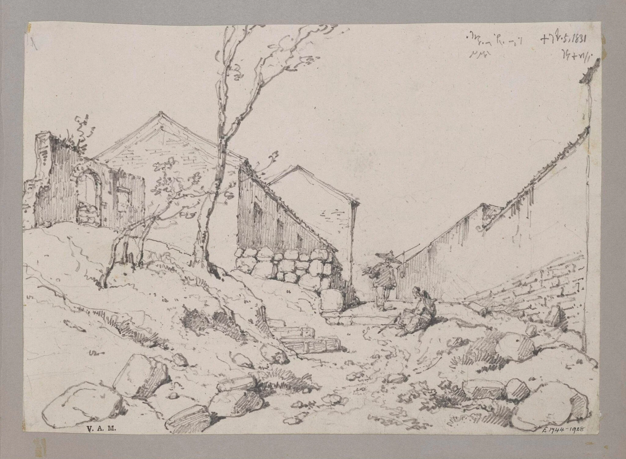 A path leading uphill between houses and a long wall, detail