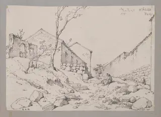 A path leading uphill between houses and a long wall, by George Chinnery, 4