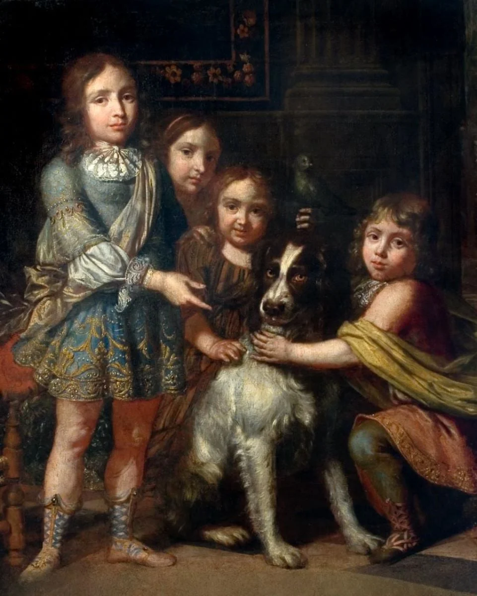 Portret de grup (patru copii și un câine), detail