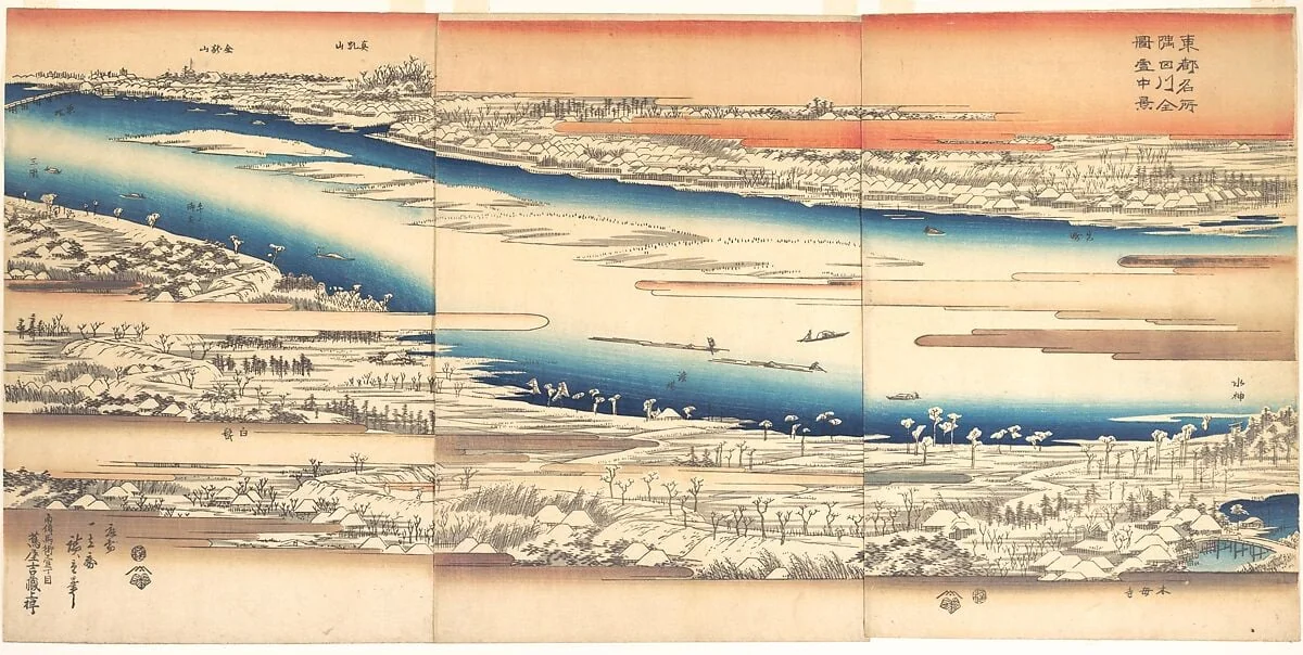 Toto meisho Sumidagawa zenzu settchukei|東都名所 隅田川全図雪中景|Celebrated Places in the Eastern Capital: Panoramic View of the Sumida River in Snow, detail