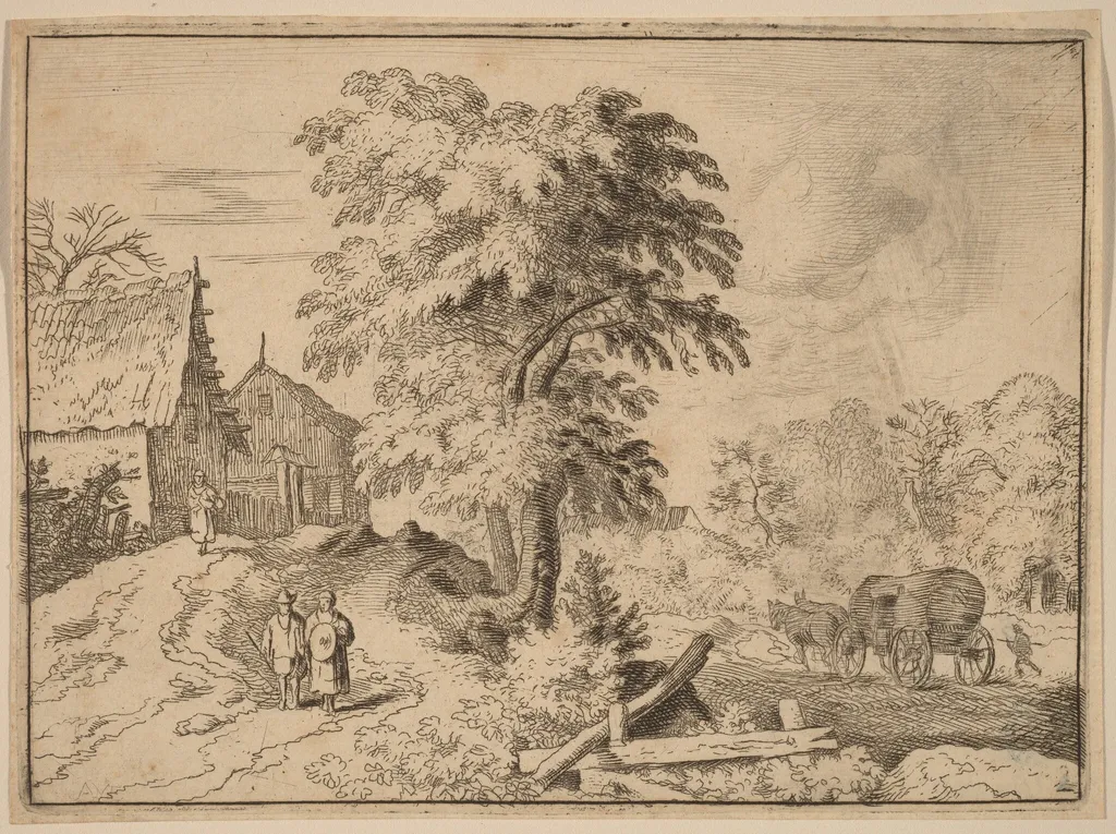 Cart with Two Draft Horses, by Allart van Everdingen, ink, 1650