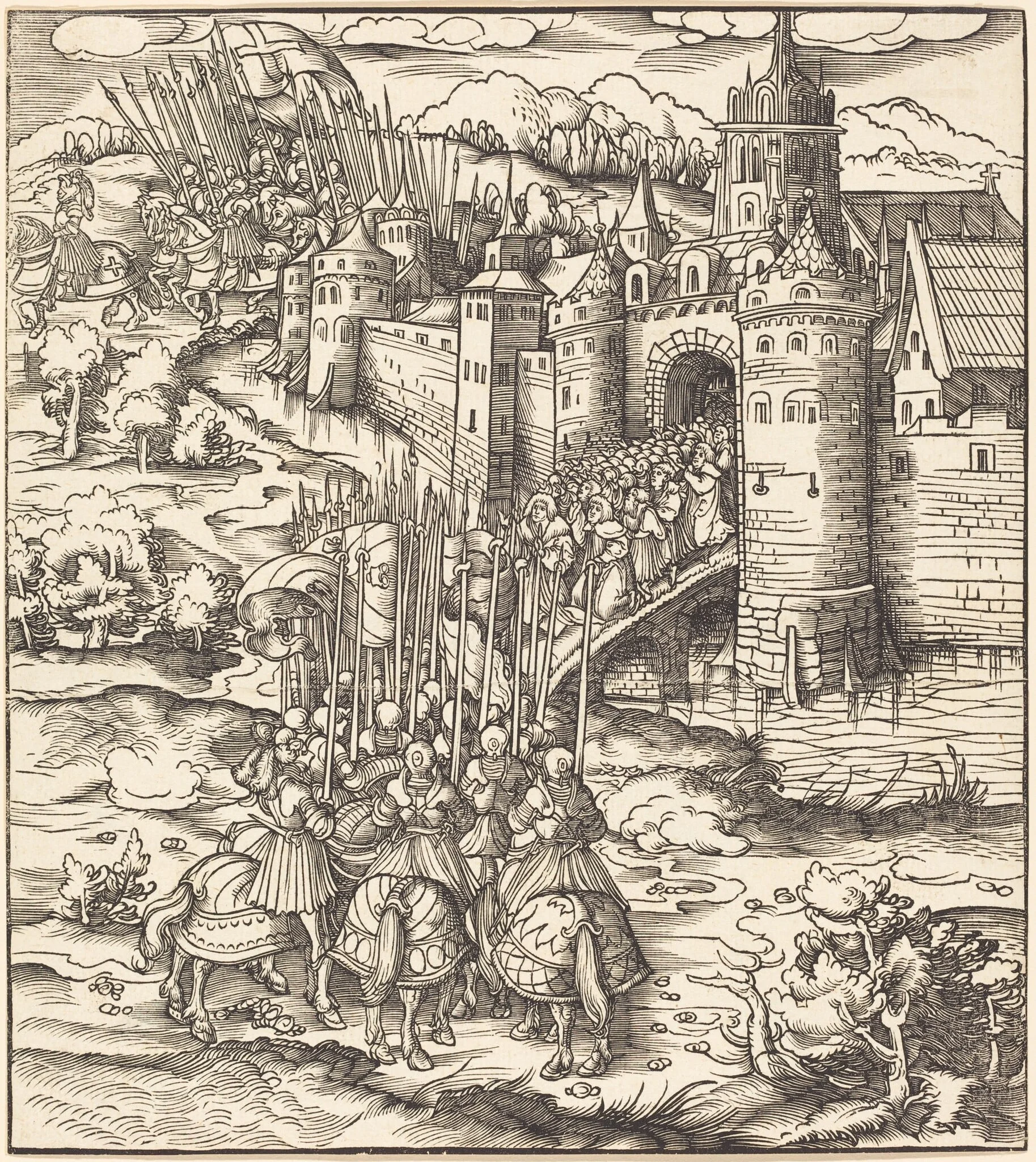 Various Men Kneeling on a Bridge in front of a Town, detail