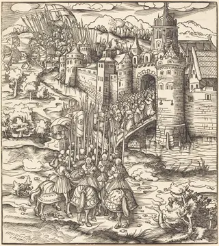 Various Men Kneeling on a Bridge in front of a Town, by Leonhard Beck, ink, 1515