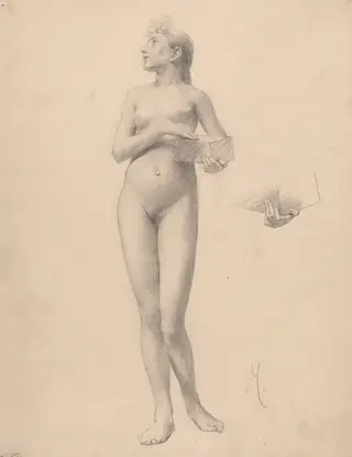 Standing Nude Woman Holding a Box, by Karel Vitezslav Masek, graphite, 1896