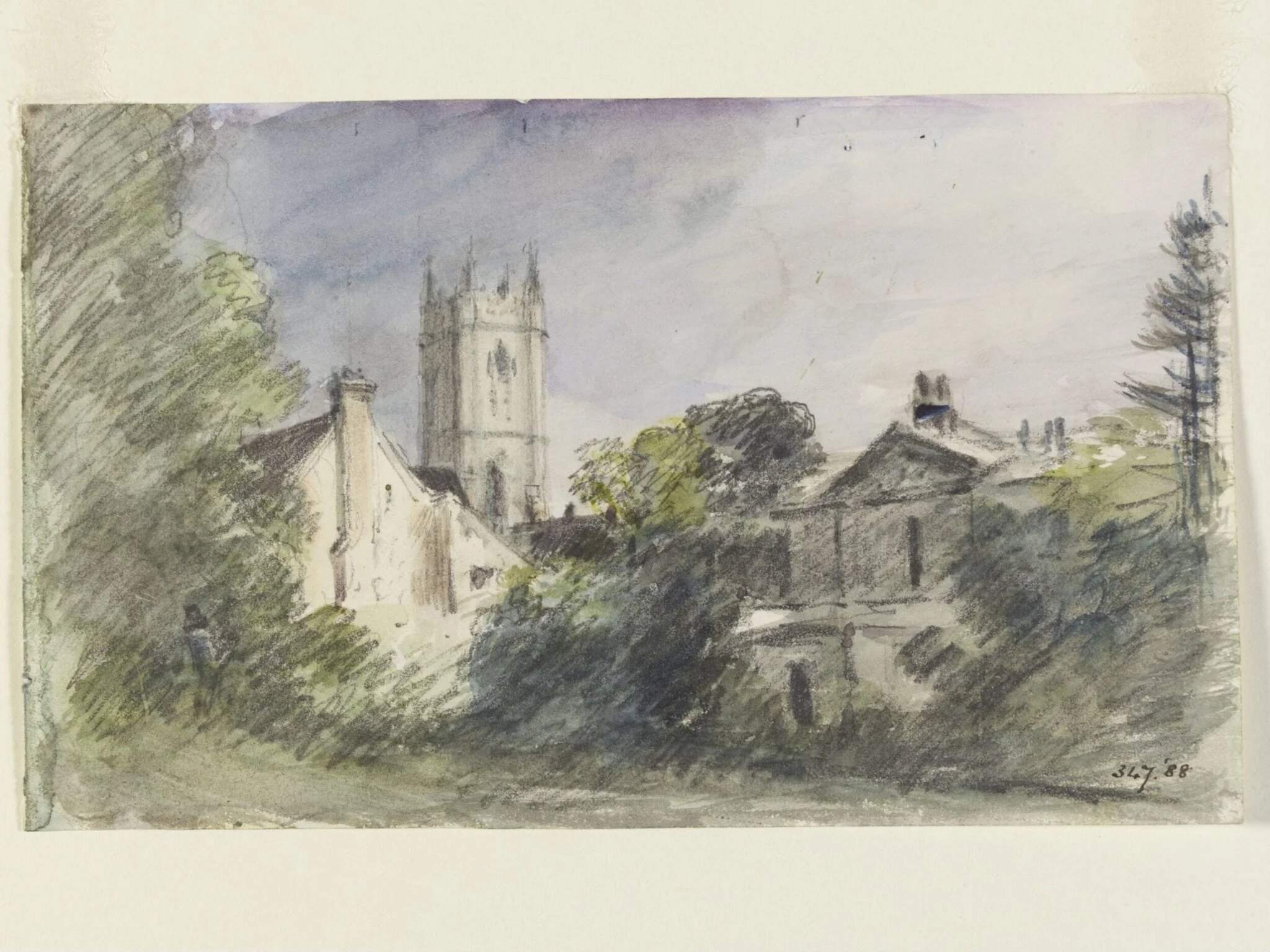 Houses in Dedham, with the church tower, detail