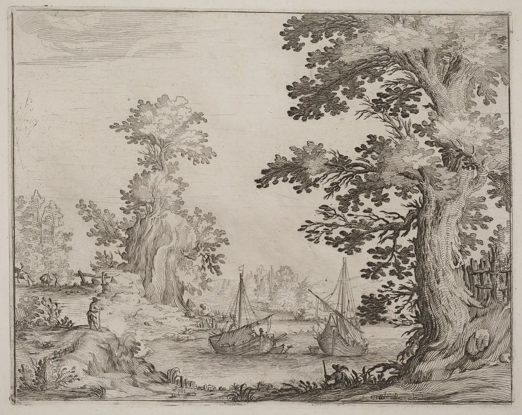 Landscape and River with Anchored Vessels, by Ercole Bazicaluva, ink, 1638