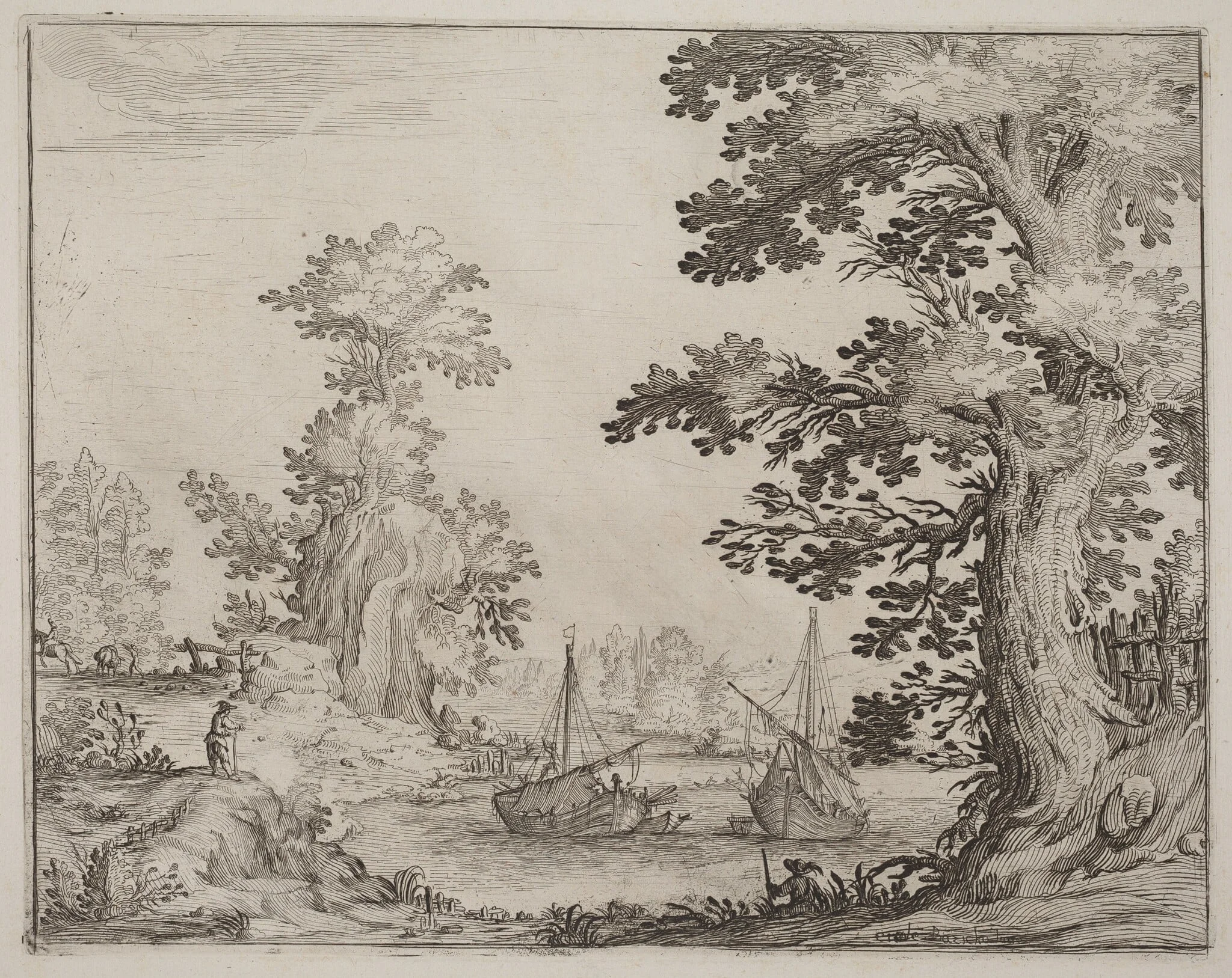 Landscape and River with Anchored Vessels, detail